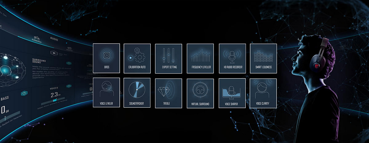 At the right of the picture is the profile of man wearing a headset. In the middle of the picture are icons of various settings. The background is a starry sky